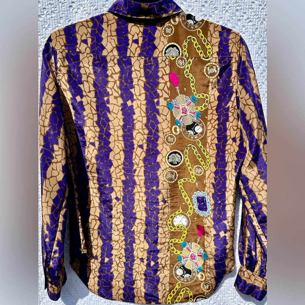 Vintage LouBella Baroque Chain Print Satin Blouse Gold Purple Sz 8 - Picture 6 of 9